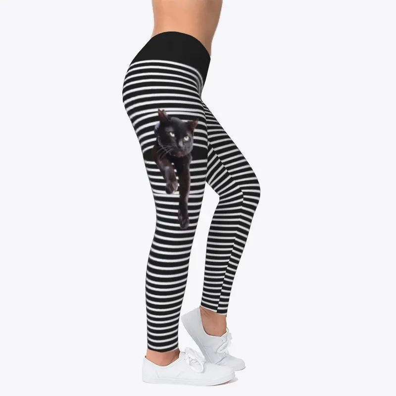 Black Cat Striped Leggings